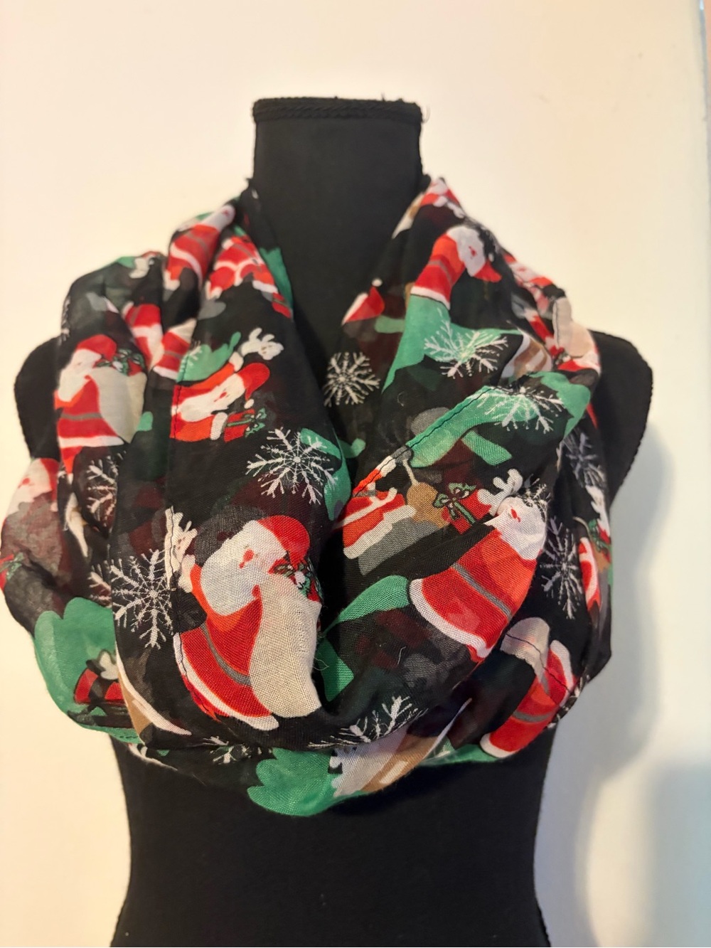 Mixit Black Infinity Scarf with Red & Green Santa Print